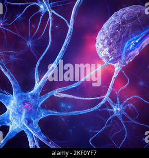 La transmission synaptique est le processus par lequel un neurone communique avec un autre. Informations, axon et impulsion électrique. Connexion, neurone Banque D'Images