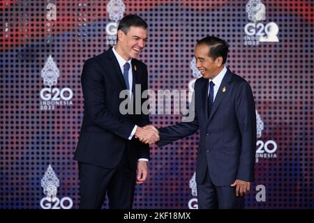 Le ministre espagnol Pedro Sanchez (à gauche) est accueilli par le Président de la République indonésienne Joko Widodo lors de la cérémonie de bienvenue officielle marquant le début du Sommet de G20 à Bali, en Indonésie. Date de la photo: Mardi 15 novembre 2022. Banque D'Images