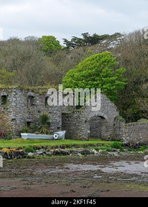 Les ruines de l'Arundel stockent du grain sur la rive de la baie Clonakilty au printemps. Un vieux bâtiment en pierre en Irlande, en Europe. Le monu architectural historique Banque D'Images