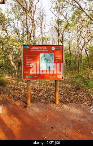 Carte route signe à l'entrée de la Buraco das Araras, un gouffre naturel près de Jardim, sud du Pantanal, Mato Grosso do Sul, Brésil avec des aras Banque D'Images