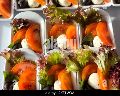 Petite salade d'hors-d'œuvre avec tomates et mozzarella, restauration et services à la clientèle Banque D'Images