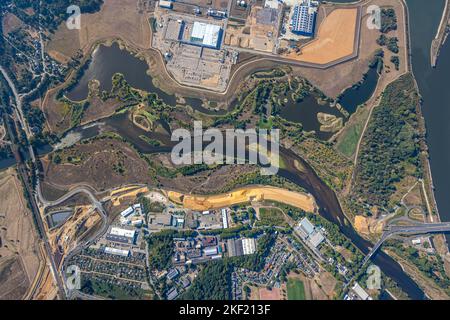 Luftbild, Lippemündungsraum, Lippeaue, Flusslauf, Baustelle und Neubau Erweiterung Bundesstraße B8, Wesel, Ruhrgebiet, Nordrhein-Westfalen, Deutschlan Banque D'Images