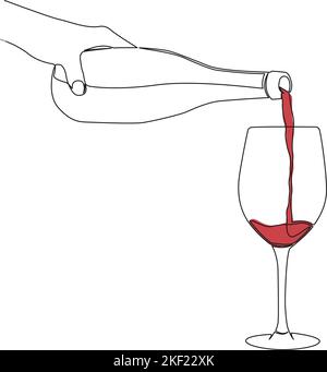 dessin continu d'une seule ligne de la bouteille de la main versant le vin dans le verre, illustration vectorielle de la ligne d'art Illustration de Vecteur