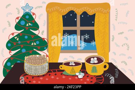 De jolies tasses de cacao avec des biscuits de Noël sur la table et avec l'arbre de Noël sur le fond. Illustration de Vecteur