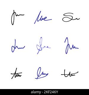 Jeu de signatures d'écriture manuscrite. Pack vectoriel avec signatures griffées d'écriture personnelle imaginaire isolées. Illustration de Vecteur