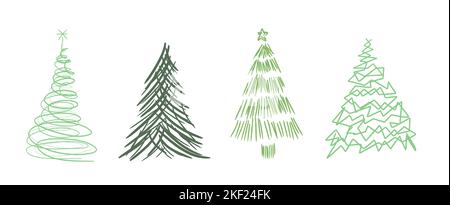Ensemble d'illustrations pour arbres de Noël. Arbres de Noël dessinés à la main. Collection de dessins d'arbres de Noël originaux, bizarres et excentriques. Illustration de Vecteur