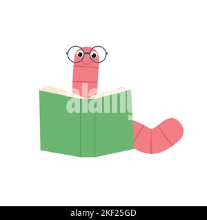Un mignon ver de livre de chenille mignon dessin animé personnage éducation mascotte portant chapeau de graduation et des lunettes lecture d'un livre eps 10 Illustration de Vecteur