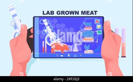 un scientifique analysant la viande brute rouge de culture sur écran pc tablette concept de production de viande artificielle de laboratoire Illustration de Vecteur