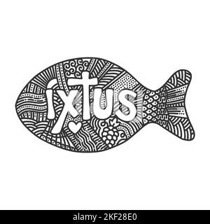 Illustration chrétienne dans un style doodle. Mot stylisé IXTUS - Jésus Christ, fils de Dieu, Sauveur. Le poisson est un ancien symbole chrétien. Illustration de Vecteur