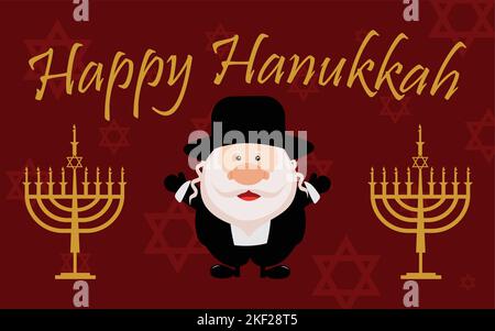 Arrière-plan rouge ou bannière de la célébration de hanukkah avec dessin animé juif traditionnel robe personnes Illustration de Vecteur