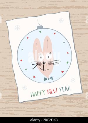 Mignon lapin drôle dessiné à la main sur un ballon de Noël. Inscription manuscrite Bonne Année. Année du lapin dans le calendrier chinois. Carte de vœux. Illustration de Vecteur