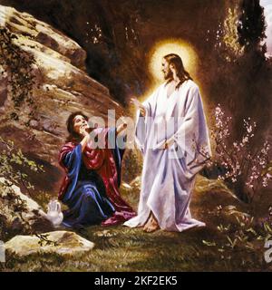 1960S 33 AD RÉSURRECTION DE JÉSUS APPARAISSANT À MARIE MAGDALENE SUR LA PEINTURE DU MATIN DE PÂQUES PAR SCHMIDT - KR6899 SPL001 HARS MESSIE LUTHÉRIEN CROYANCE SPIRITUELLE INSPIRANTE JÉSUS-CHRIST ANCIEN MODE Banque D'Images