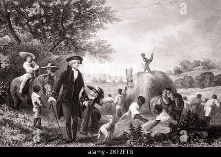 1760S CIVILS GEORGE WASHINGTON SUPERVISANT LA RÉCOLTE À SA PLANTATION MOUNT VERNON VIRGINIA USA - Q59425 CPC001 HARS MAISON RURALE VIE COPIE ESPACE PLEINE LONGUEUR DEMI-PERSONNES MONTER AGRICULTURE MÂLES AGRICULTURE B&W MAMMIFÈRES BLÉ ESCLAVAGE AFRO-AMÉRICAINS CANINES AFRO-AMÉRICAINES AGRICULTEURS POLITICIEN NOIR ETHNICITÉ EMPLOI TRAVAIL POLITIQUE PATRIOT PAOCH GUERRE RÉVOLUTIONNAIRE SUPERVISION GEORGE WASHINGTON EMPLOYÉ CANINE CULTURE MAMMIFÈRE PLANTATION HOMME D'ÉTAT VERNON 1760S NOIR ET LE PÈRE FONDATEUR DE L'ETHNIE BLANCHE CAUCASIENNE QUI TRAVAILLE AVEC DES ESCLAVES À L'ANCIENNE, DES AFRO-AMÉRICAINS DE VIRGINIE Banque D'Images