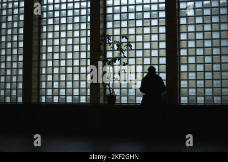 Silhouette d'un homme sur le fond d'une grande fenêtre Banque D'Images