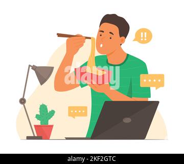 Man Eating Noodle et travail en ligne à partir de la maison Illustration de Vecteur