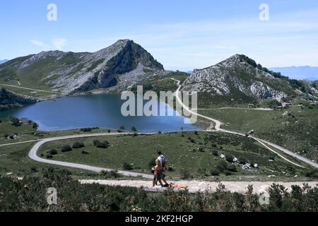 garçon latin et fille caucasienne marchant avec son chien sur le chemin piétonnier en pierre menant au lac près des montagnes, covadonga asturias Banque D'Images