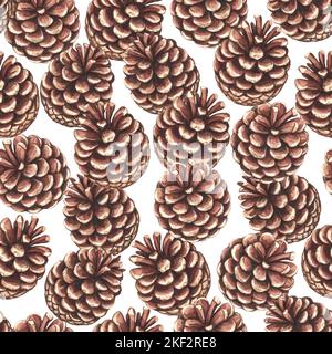 Motif sans couture avec cônes de pin. Aquarelle illustration réaliste pour le design, la décoration, le tissu. Banque D'Images