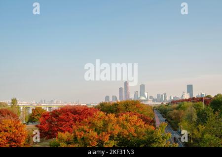 Vue sur la ville de Yeouido et parc de la rivière Yanghwa Han à l'automne à Séoul, en Corée Banque D'Images