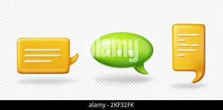 Ensemble de 3D bulles de parole isolées sur fond transparent. Illustration vectorielle des nuages de messages de chat rectangulaires et ronds jaune et vert. Symboles de communication. Éléments de conception de l'application Messenger Illustration de Vecteur