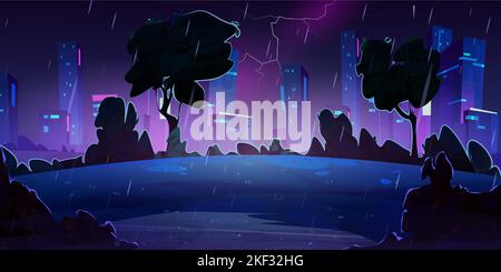 Orage de nuit avec pluie et foudre en ville avec parc et gratte-ciel. Paysage d'été avec silhouettes d'arbres sombres et maisons sur la ligne d'horizon en pleine tempête, illustration de dessins animés vectoriels Illustration de Vecteur