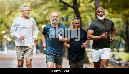 Fitness, course à pied et groupe d'hommes âgés faisant de l'exercice, de l'entraînement et de l'entraînement ensemble dans le parc le week-end. Nature, amitié et vieux hommes faire Banque D'Images
