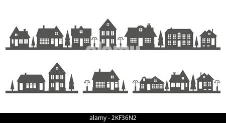 Silhouette de maisons sur la ligne d'horizon. Paysage de quartier de banlieue. Maisons de campagne. Illustration du vecteur glyphe. Illustration de Vecteur