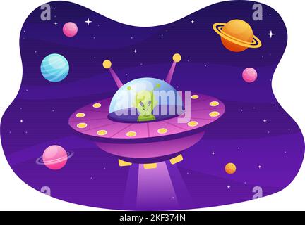 UFO Flying Spacuhip avec des rayons de lumière dans Sky Night City View et Alien dans Flat Cartoon dessin à la main modèles Illustration Illustration de Vecteur