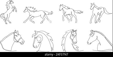 Chevaux d'une ligne. Mini-portrait et silhouette de cheval, animaux stables jeu d'illustrations vectorielles à une ligne continue Illustration de Vecteur