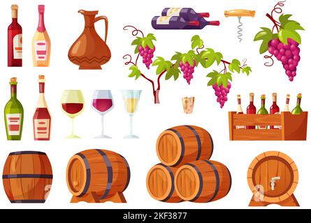 Vin de dessin animé. Bouteilles d'alcool et barils, tire-bouchon en bois, bouquet de raisins et verres de vin ensemble de vecteur isolé Illustration de Vecteur