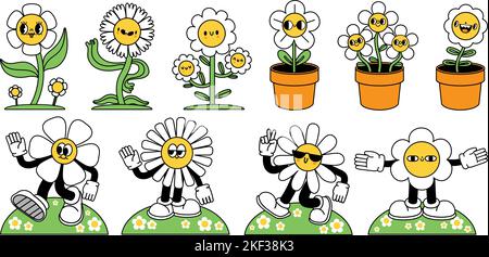 Mascotte de fleur de dessin animé. Marguerites en pot, mascotte de printemps fraîche et personnages de fleurs rétro avec mains et jambes ensemble vectoriel Illustration de Vecteur
