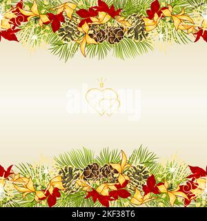 Décoration de Noël et du nouvel an festive feuilles dorées et rouges poinsettia trois et branches de sapin pommes de pin et flocons de neige dorés vintage v Illustration de Vecteur