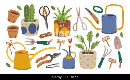 Ensemble d'outils et de plantes de jardinage dans des pots isolés sur blanc. Ensemble d'équipements pour les plantes domestiques. Vecteur de dessin animé plat. Illustration de Vecteur
