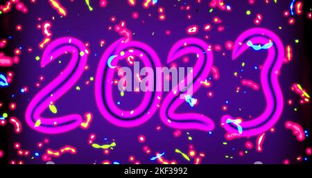 nouvelle année 2023. Inscription au néon sur le fond des confettis. 3d rendu Banque D'Images