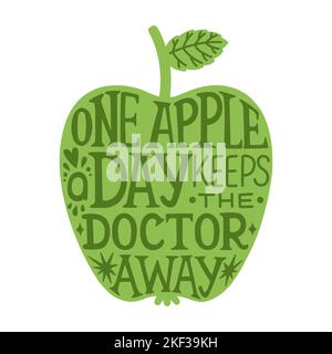 Une pomme par jour garde le médecin loin, esquissé à la main lettering texte typographique. Illustration pomme verte Illustration de Vecteur