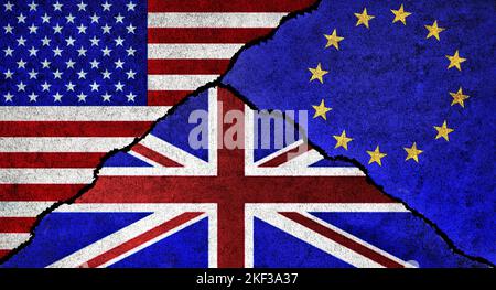 Les États-Unis, le Royaume-Uni et l'Union européenne drapeau ensemble. Relations entre l'UE, la Grande-Bretagne et les États-Unis d'Amérique Banque D'Images