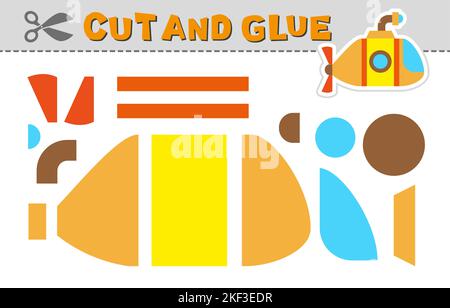 Couper et coller. Illustration vectorielle d'un sous-marin. Jeu de papier pour l'activité et l'éducation des enfants. Niveau simple Illustration de Vecteur