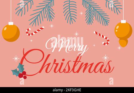 Inscription Joyeux Noël sur fond de branches de sapin avec des jouets, des bonbons et des étoiles de Noël Illustration de Vecteur