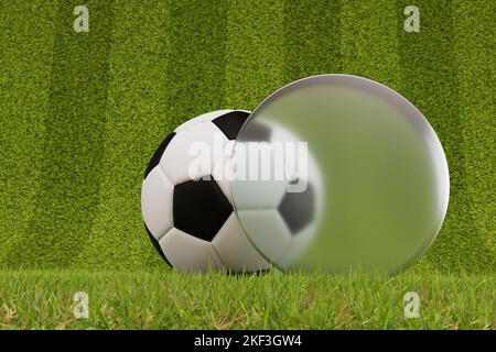 Ballon de football sur une pelouse avec étiquette en verre dépoli. 3D rendu Banque D'Images