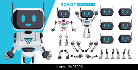 Kit de création de robot conception de jeu de vecteurs. Kit de création de personnages robots avec tête, bras, jambes pour les parties du corps robotiques de pose et de mouvement modifiables. Illustration de Vecteur