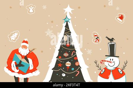 Dessin à la main vecteur résumé amusant Joyeux Noël dessin animé carte de voeux avec le Père Noël, arbre de Noël, bonhomme de neige et place pour votre texte Illustration de Vecteur