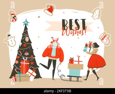 Dessin à la main vecteur résumé amusant Joyeux Noël dessin animé carte de voeux avec groupe de personnes, boîtes-cadeaux surprise, arbre de Noël et Illustration de Vecteur
