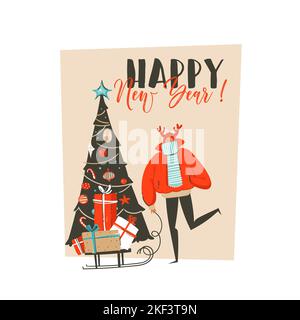 Dessin à la main vecteur résumé amusant Joyeux Noël dessin animé carte de voeux avec homme, boîtes-cadeaux surprise, arbre de Noël et Noël Illustration de Vecteur