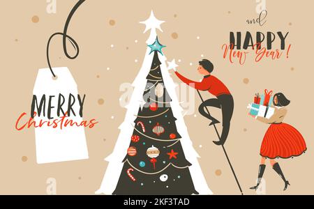 Dessin à la main vecteur résumé amusant Joyeux Noël bande dessinée en-tête illustration carte de voeux avec famille, boîtes-cadeaux surprise, arbre de Noël et Noël Illustration de Vecteur
