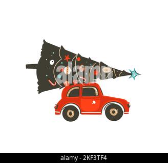 Vecteur dessiné à la main Merry Christmas Time caricature icône illustration graphique élément de conception avec voiture rouge et arbre de Noël isolé sur fond blanc Illustration de Vecteur