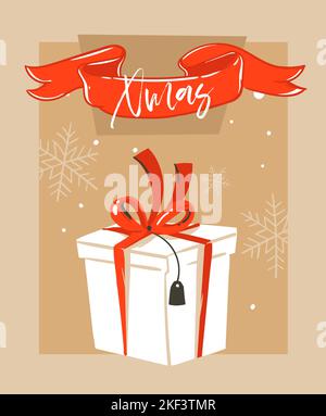 Dessin à la main vecteur abstrait amusant Merry Christmas dessin animé illustration carte de voeux avec grande boîte cadeau surprise blanche et typographie Merry Xmas Illustration de Vecteur
