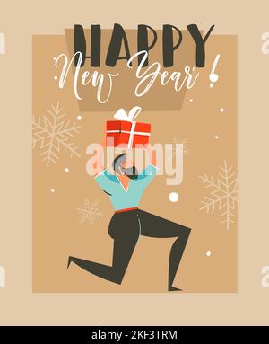 Dessin à la main vecteur abstrait amusant Merry Christmas temps dessin animé carte de voeux avec homme qui tient boîte cadeau surprise et bonne année Illustration de Vecteur