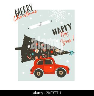 Abstrait vectoriel dessiné à la main Joyeux Noël et joyeux nouvel an caricatures illustrations carte de voeux rétro vintage avec voiture rouge et Noël décoré Illustration de Vecteur