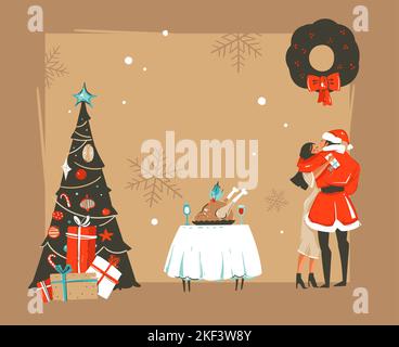 Résumé vectoriel dessiné à la main Happy New Year Time caricatures carte rétro avec couple romantique qui embrasse et embrasse sous le GUI, arbre Illustration de Vecteur