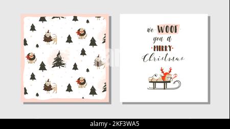 Dessin à la main vecteur résumé amusant Merry Christmas Time cartoon cards collection ensemble avec de mignons illustrations, chien de chien de traîneau et texte typographique moderne Illustration de Vecteur