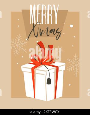 Dessin à la main vecteur abstrait amusant Merry Christmas dessin animé illustration carte de voeux avec grande boîte cadeau surprise blanche et typographie Merry Xmas Illustration de Vecteur